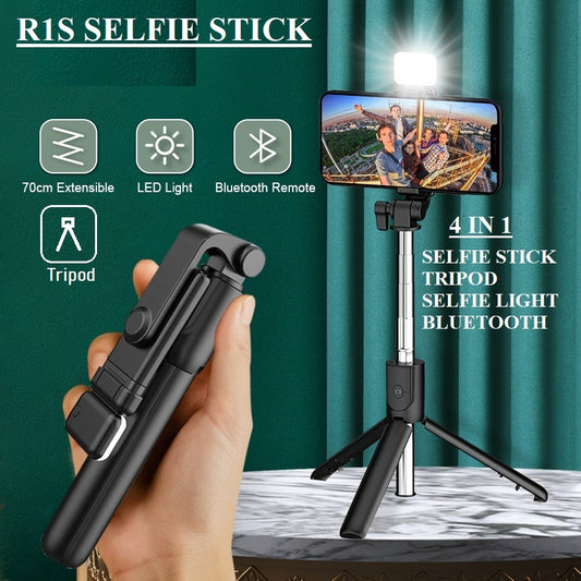 Best 4 in 1 Wireless Selfie Stick R1S (With Light ) R1 (Without Light) Tripod with Bluetooth Shutter selfie Light foldable Selfie stick for all Phone Extendable 70CM